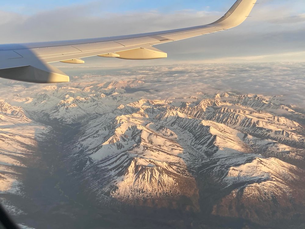 view of Alaskan mountains from the airplane