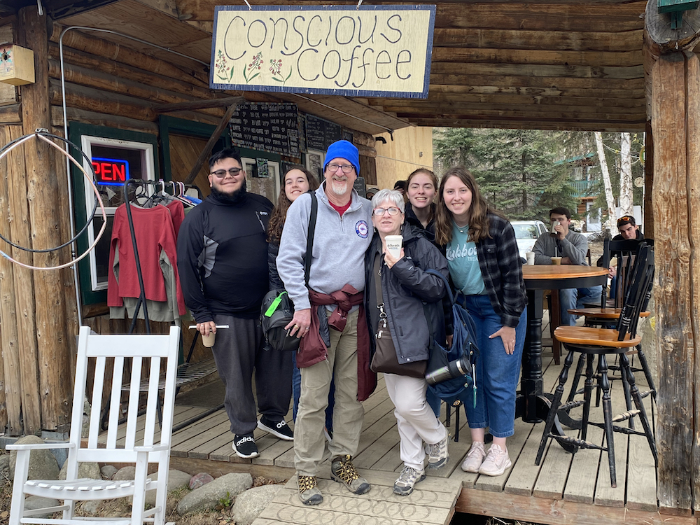 A small group of LCU students along with Dr. Byron and Karen Rogers at a local coffee shop in Alaska