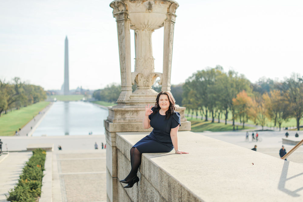 Emma throwing up the Chap in front of the national mall and Lincoln Memorial