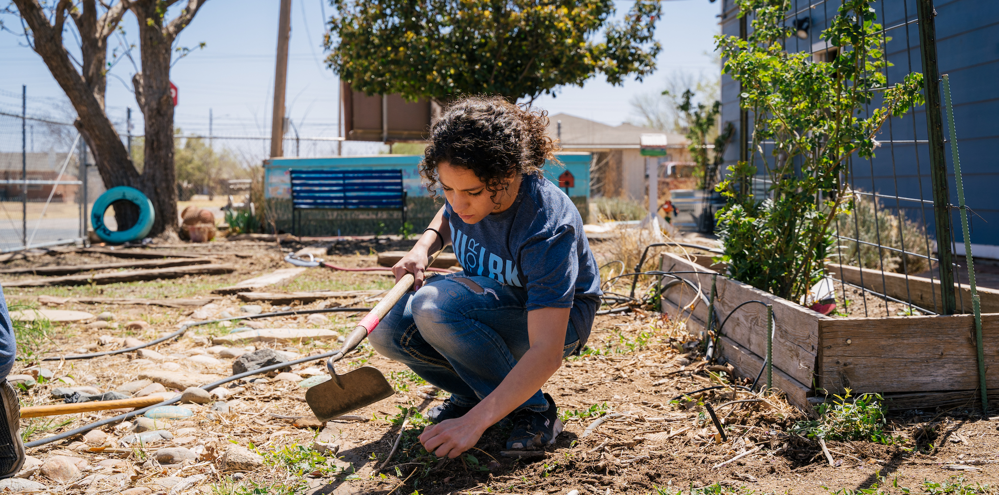 girl in LCU for LBK shirt kneeling and pulling weeds in community garden