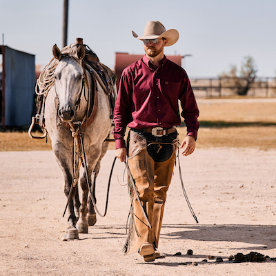 Tucker Brown walking with a horse