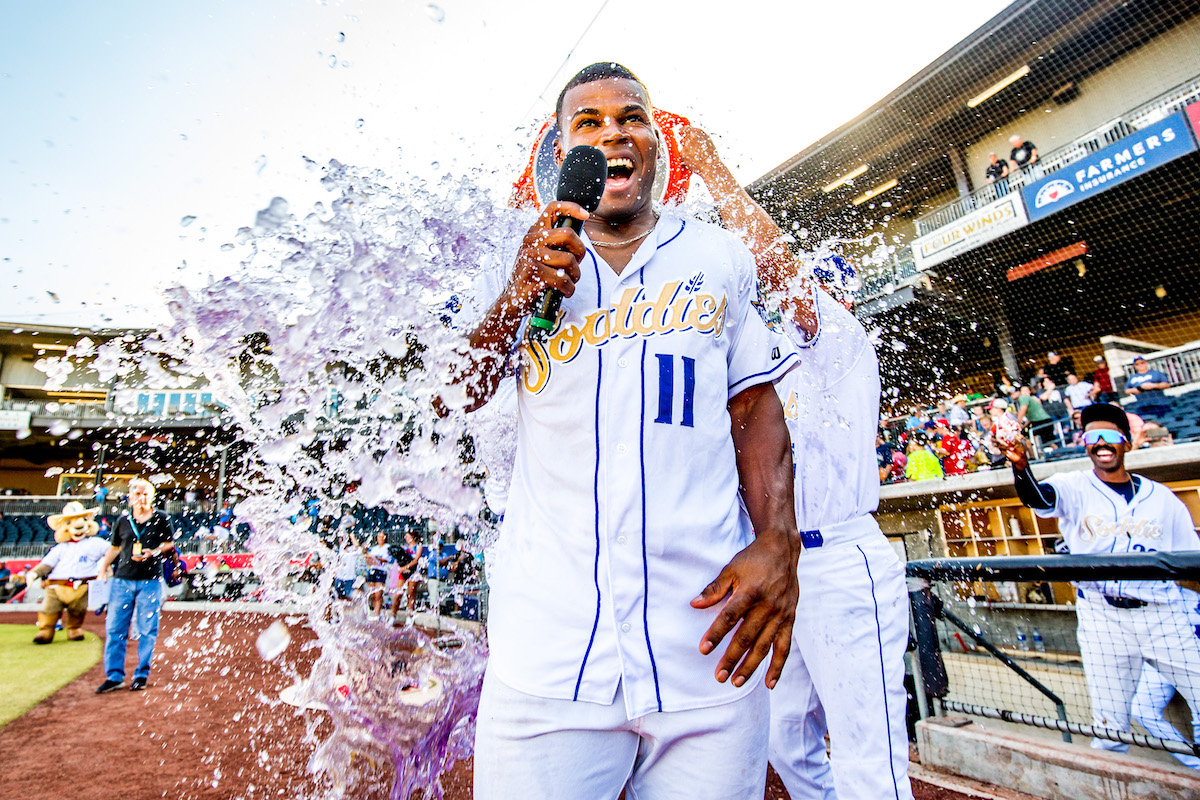 a Sod Poodles player gets a Gatoraide bath after a win