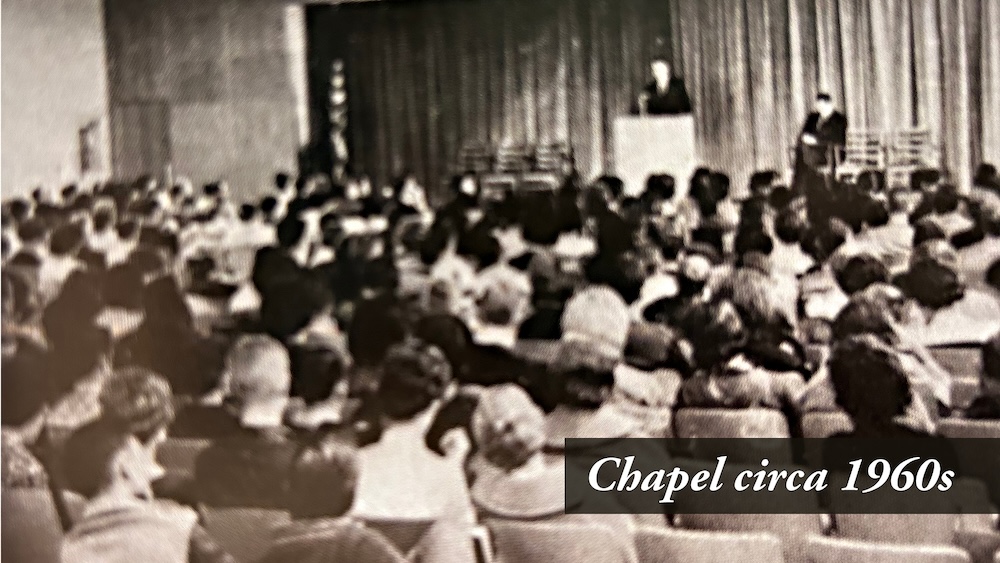 black and white photo of chapel in the 1960s