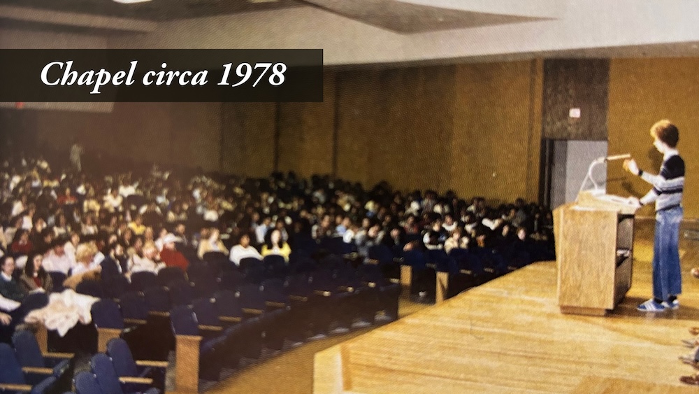 photograph of student leading worship in chapel in 1978