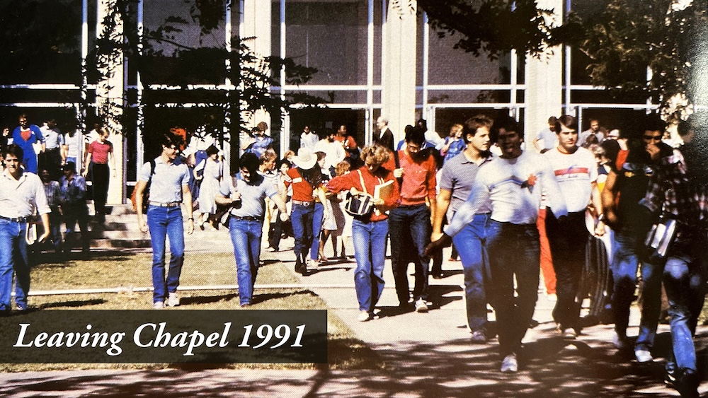 Students leaving chapel in 1991