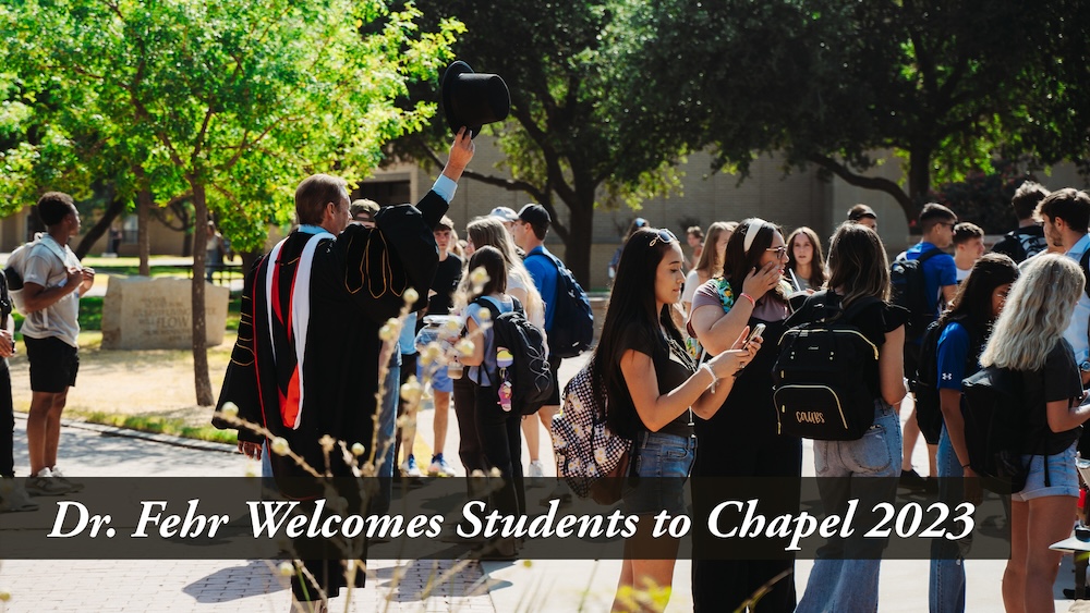 Dr. Fehr welcomes students to chapel in 2023