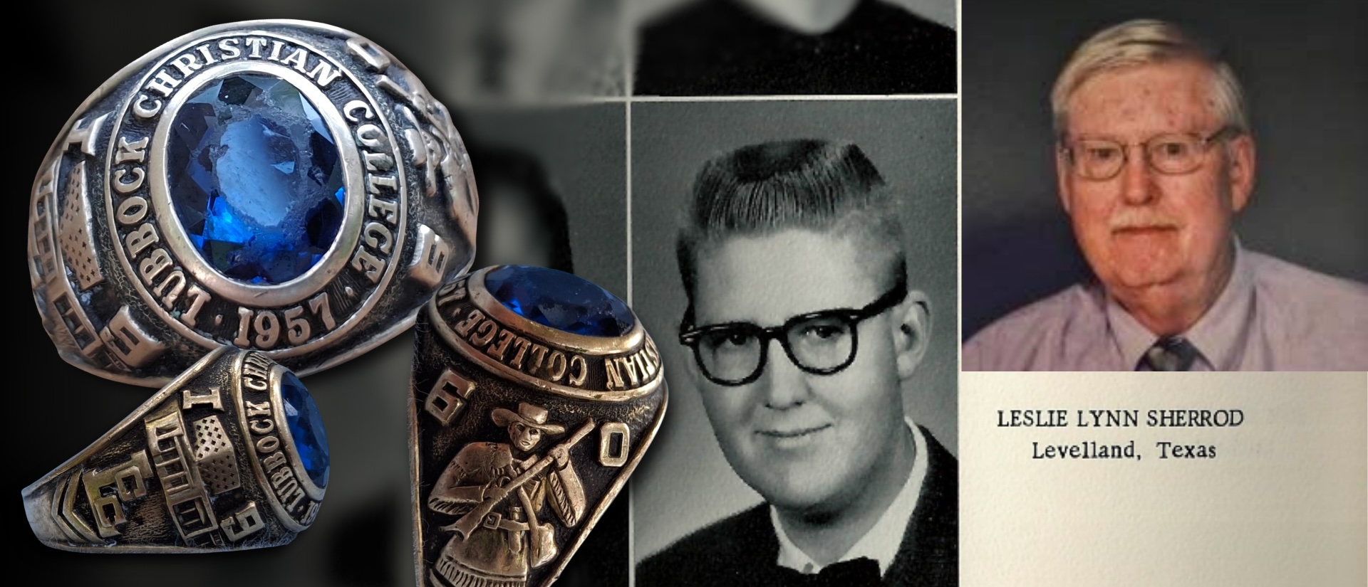 Three views of a ring alongside photographs of Leslie Lynn Sherrod as a young man and later in life