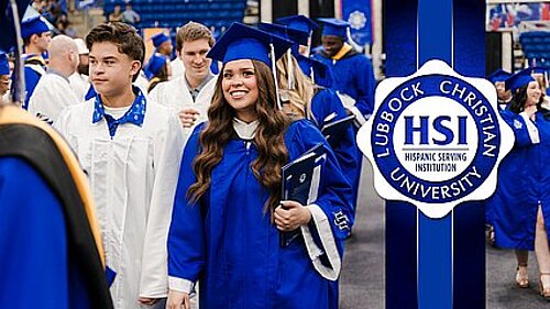 photograph of a young woman smiling at the camera, walking in graduation regalia, next to an award labeled, Lubbock Christian University, Hispanic Serving Institution