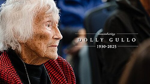 Graphic with a photograph of Dolly Gullo with the words Remembering Dolly Gullo, 1930-2025