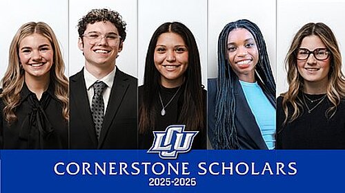 Graphic with headshots of the cornerstone scholars above the LCU logo and the words Cornerstone Scholars, 2025-26