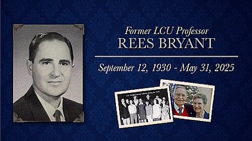 Black and white photograph of Rees Bryant with the words, Former LCU professor Rees Bryant, September 12, 1930-May 31, 2025