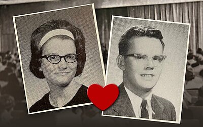 Mike Claxton and Jane Hodges Claxton's yearbook photos with a heart between them