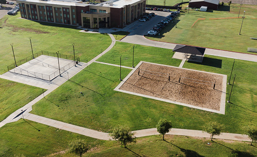 a shot from the sky of the whole plaza area in front of of Gullo Hall