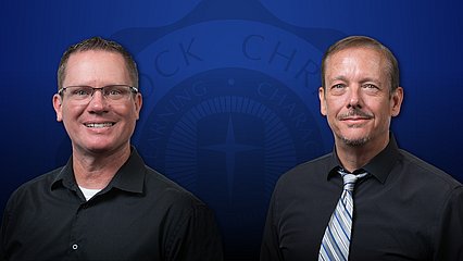 Headshot photographs of Dr. Kenneth Hawley and Dr. Kregg Fehr on a blue background