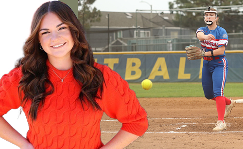 Natalee Gray super imposed over a graphic of her pitching.