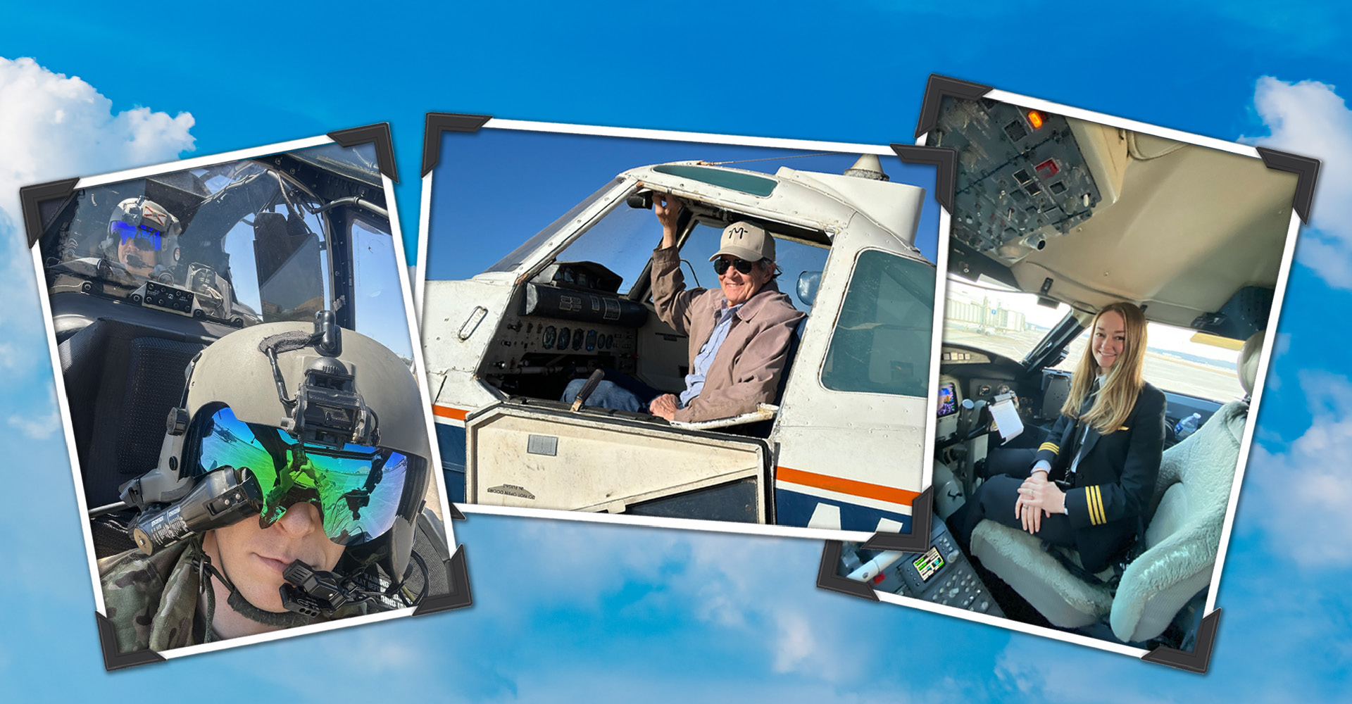 A collage of 3 photos of lcu alums sitting in cockpits