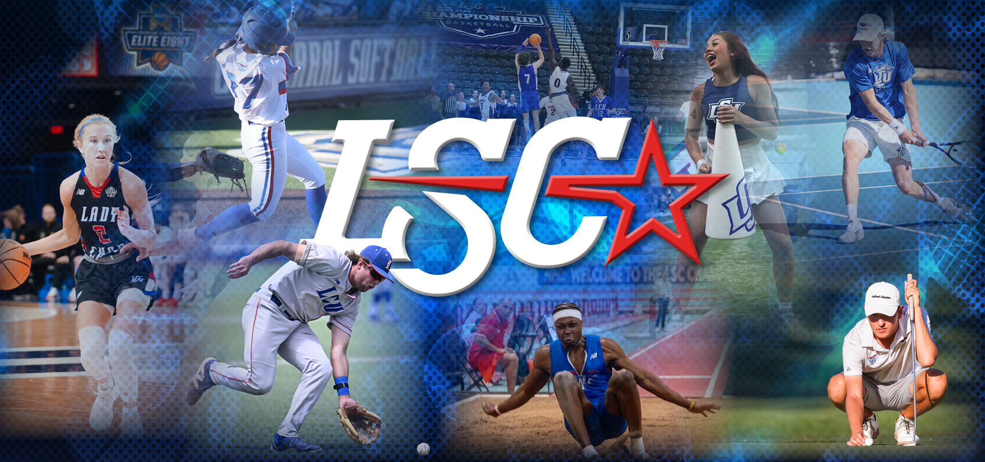 Collage of Lubbock Christian University athletes competing in various sports with the Lone Star Conference logo in the center.
