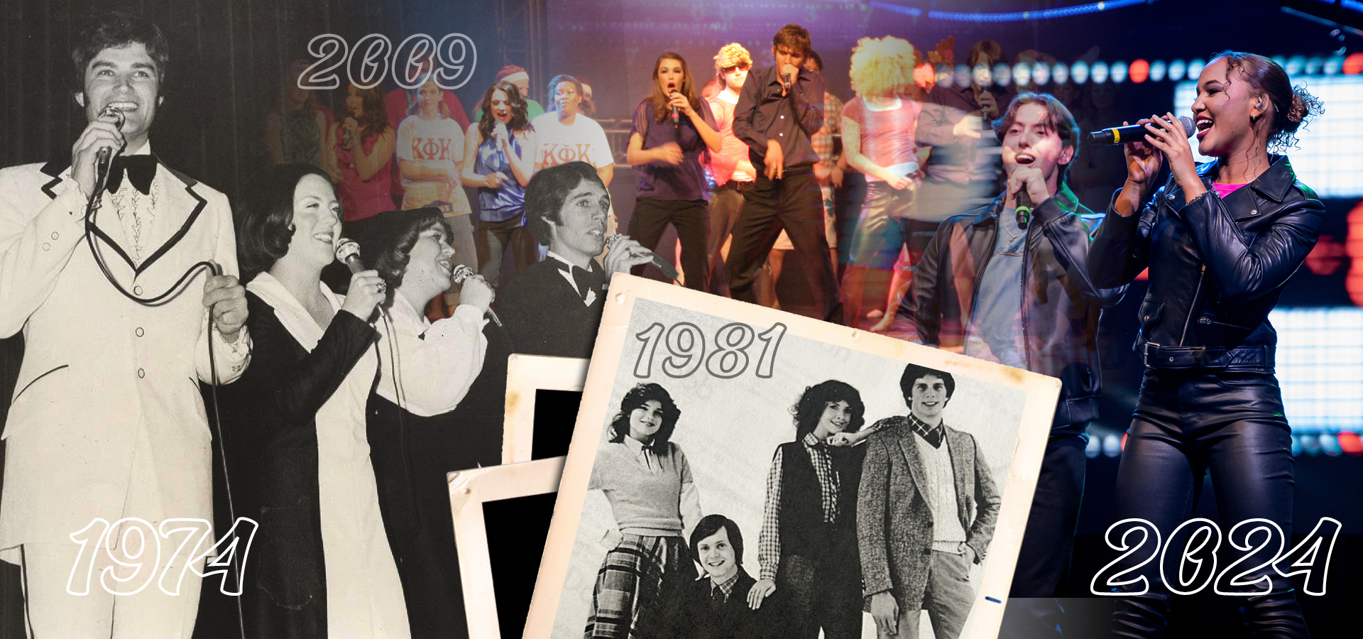 Collage of pictures of performing Master Follies hosts and hostesses throughout the decades