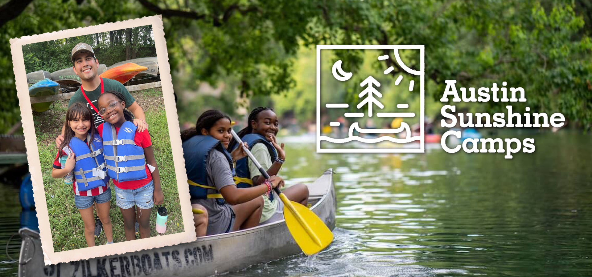 two girls in a canoe on a river with another photo of 2 campers standing with a counselor