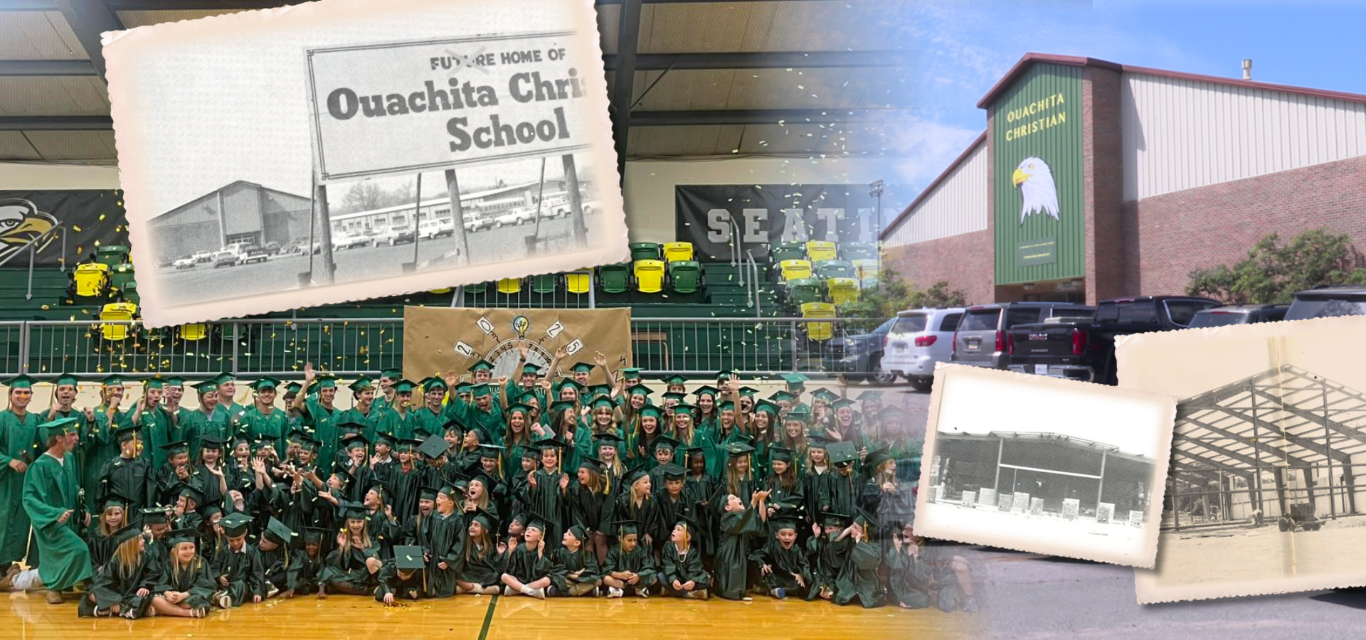 A collage of photos with an old sign photo, a class group photo, and the current outside of the school