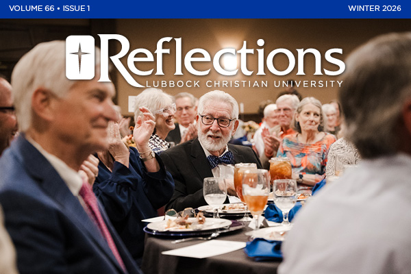 Cover page with Don Williams sitting at his table during his dinner with the reflections logo on top