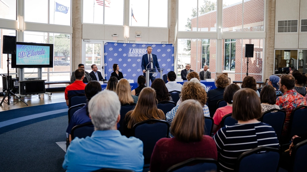 View from the back of a press conference announcing the LCU Elevate initiative